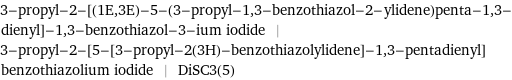 3-propyl-2-[(1E, 3E)-5-(3-propyl-1, 3-benzothiazol-2-ylidene)penta-1, 3-dienyl]-1, 3-benzothiazol-3-ium iodide | 3-propyl-2-[5-[3-propyl-2(3H)-benzothiazolylidene]-1, 3-pentadienyl]benzothiazolium iodide | DiSC3(5)