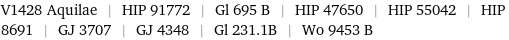 V1428 Aquilae | HIP 91772 | Gl 695 B | HIP 47650 | HIP 55042 | HIP 8691 | GJ 3707 | GJ 4348 | Gl 231.1B | Wo 9453 B