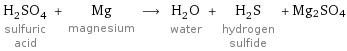 H_2SO_4 sulfuric acid + Mg magnesium ⟶ H_2O water + H_2S hydrogen sulfide + Mg2SO4