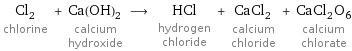 Cl_2 chlorine + Ca(OH)_2 calcium hydroxide ⟶ HCl hydrogen chloride + CaCl_2 calcium chloride + CaCl_2O_6 calcium chlorate