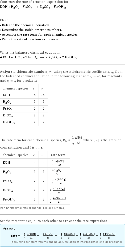 Construct the rate of reaction expression for: KOH + H_2O_2 + FeSO_4 ⟶ K_2SO_4 + Fe(OH)_3 Plan: • Balance the chemical equation. • Determine the stoichiometric numbers. • Assemble the rate term for each chemical species. • Write the rate of reaction expression. Write the balanced chemical equation: 4 KOH + H_2O_2 + 2 FeSO_4 ⟶ 2 K_2SO_4 + 2 Fe(OH)_3 Assign stoichiometric numbers, ν_i, using the stoichiometric coefficients, c_i, from the balanced chemical equation in the following manner: ν_i = -c_i for reactants and ν_i = c_i for products: chemical species | c_i | ν_i KOH | 4 | -4 H_2O_2 | 1 | -1 FeSO_4 | 2 | -2 K_2SO_4 | 2 | 2 Fe(OH)_3 | 2 | 2 The rate term for each chemical species, B_i, is 1/ν_i(Δ[B_i])/(Δt) where [B_i] is the amount concentration and t is time: chemical species | c_i | ν_i | rate term KOH | 4 | -4 | -1/4 (Δ[KOH])/(Δt) H_2O_2 | 1 | -1 | -(Δ[H2O2])/(Δt) FeSO_4 | 2 | -2 | -1/2 (Δ[FeSO4])/(Δt) K_2SO_4 | 2 | 2 | 1/2 (Δ[K2SO4])/(Δt) Fe(OH)_3 | 2 | 2 | 1/2 (Δ[Fe(OH)3])/(Δt) (for infinitesimal rate of change, replace Δ with d) Set the rate terms equal to each other to arrive at the rate expression: Answer: |   | rate = -1/4 (Δ[KOH])/(Δt) = -(Δ[H2O2])/(Δt) = -1/2 (Δ[FeSO4])/(Δt) = 1/2 (Δ[K2SO4])/(Δt) = 1/2 (Δ[Fe(OH)3])/(Δt) (assuming constant volume and no accumulation of intermediates or side products)