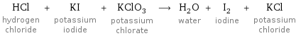 HCl hydrogen chloride + KI potassium iodide + KClO_3 potassium chlorate ⟶ H_2O water + I_2 iodine + KCl potassium chloride