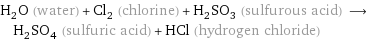 H_2O (water) + Cl_2 (chlorine) + H_2SO_3 (sulfurous acid) ⟶ H_2SO_4 (sulfuric acid) + HCl (hydrogen chloride)