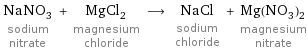 NaNO_3 sodium nitrate + MgCl_2 magnesium chloride ⟶ NaCl sodium chloride + Mg(NO_3)_2 magnesium nitrate