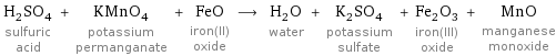 H_2SO_4 sulfuric acid + KMnO_4 potassium permanganate + FeO iron(II) oxide ⟶ H_2O water + K_2SO_4 potassium sulfate + Fe_2O_3 iron(III) oxide + MnO manganese monoxide
