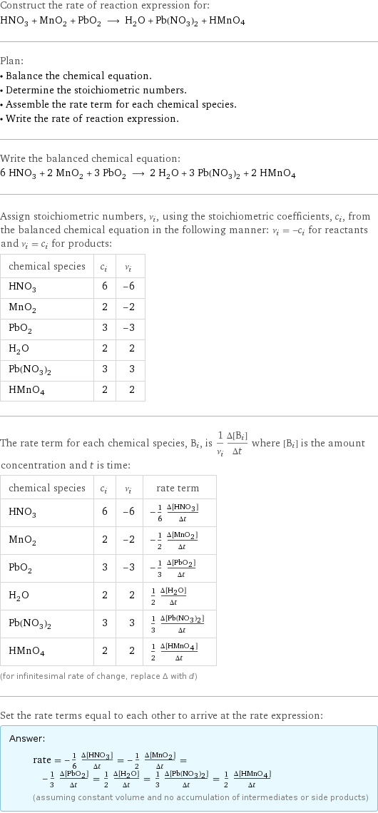 Construct the rate of reaction expression for: HNO_3 + MnO_2 + PbO_2 ⟶ H_2O + Pb(NO_3)_2 + HMnO4 Plan: • Balance the chemical equation. • Determine the stoichiometric numbers. • Assemble the rate term for each chemical species. • Write the rate of reaction expression. Write the balanced chemical equation: 6 HNO_3 + 2 MnO_2 + 3 PbO_2 ⟶ 2 H_2O + 3 Pb(NO_3)_2 + 2 HMnO4 Assign stoichiometric numbers, ν_i, using the stoichiometric coefficients, c_i, from the balanced chemical equation in the following manner: ν_i = -c_i for reactants and ν_i = c_i for products: chemical species | c_i | ν_i HNO_3 | 6 | -6 MnO_2 | 2 | -2 PbO_2 | 3 | -3 H_2O | 2 | 2 Pb(NO_3)_2 | 3 | 3 HMnO4 | 2 | 2 The rate term for each chemical species, B_i, is 1/ν_i(Δ[B_i])/(Δt) where [B_i] is the amount concentration and t is time: chemical species | c_i | ν_i | rate term HNO_3 | 6 | -6 | -1/6 (Δ[HNO3])/(Δt) MnO_2 | 2 | -2 | -1/2 (Δ[MnO2])/(Δt) PbO_2 | 3 | -3 | -1/3 (Δ[PbO2])/(Δt) H_2O | 2 | 2 | 1/2 (Δ[H2O])/(Δt) Pb(NO_3)_2 | 3 | 3 | 1/3 (Δ[Pb(NO3)2])/(Δt) HMnO4 | 2 | 2 | 1/2 (Δ[HMnO4])/(Δt) (for infinitesimal rate of change, replace Δ with d) Set the rate terms equal to each other to arrive at the rate expression: Answer: |   | rate = -1/6 (Δ[HNO3])/(Δt) = -1/2 (Δ[MnO2])/(Δt) = -1/3 (Δ[PbO2])/(Δt) = 1/2 (Δ[H2O])/(Δt) = 1/3 (Δ[Pb(NO3)2])/(Δt) = 1/2 (Δ[HMnO4])/(Δt) (assuming constant volume and no accumulation of intermediates or side products)