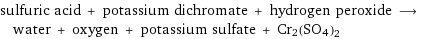 sulfuric acid + potassium dichromate + hydrogen peroxide ⟶ water + oxygen + potassium sulfate + Cr2(SO4)2