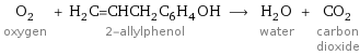 O_2 oxygen + H_2C=CHCH_2C_6H_4OH 2-allylphenol ⟶ H_2O water + CO_2 carbon dioxide