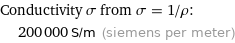 Conductivity σ from σ = 1/ρ:  | 200000 S/m (siemens per meter)