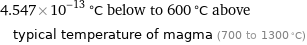 4.547×10^-13 °C below to 600 °C above typical temperature of magma (700 to 1300 °C)