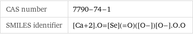 CAS number | 7790-74-1 SMILES identifier | [Ca+2].O=[Se](=O)([O-])[O-].O.O