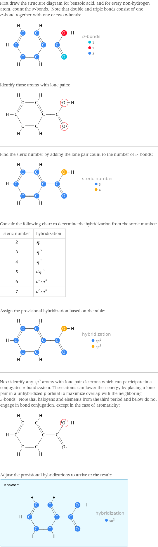 First draw the structure diagram for benzoic acid, and for every non-hydrogen atom, count the σ-bonds. Note that double and triple bonds consist of one σ-bond together with one or two π-bonds:  Identify those atoms with lone pairs:  Find the steric number by adding the lone pair count to the number of σ-bonds:  Consult the following chart to determine the hybridization from the steric number: steric number | hybridization 2 | sp 3 | sp^2 4 | sp^3 5 | dsp^3 6 | d^2sp^3 7 | d^3sp^3 Assign the provisional hybridization based on the table:  Next identify any sp^3 atoms with lone pair electrons which can participate in a conjugated π-bond system. These atoms can lower their energy by placing a lone pair in a unhybridized p orbital to maximize overlap with the neighboring π-bonds. Note that halogens and elements from the third period and below do not engage in bond conjugation, except in the case of aromaticity:  Adjust the provisional hybridizations to arrive at the result: Answer: |   | 