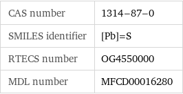 CAS number | 1314-87-0 SMILES identifier | [Pb]=S RTECS number | OG4550000 MDL number | MFCD00016280