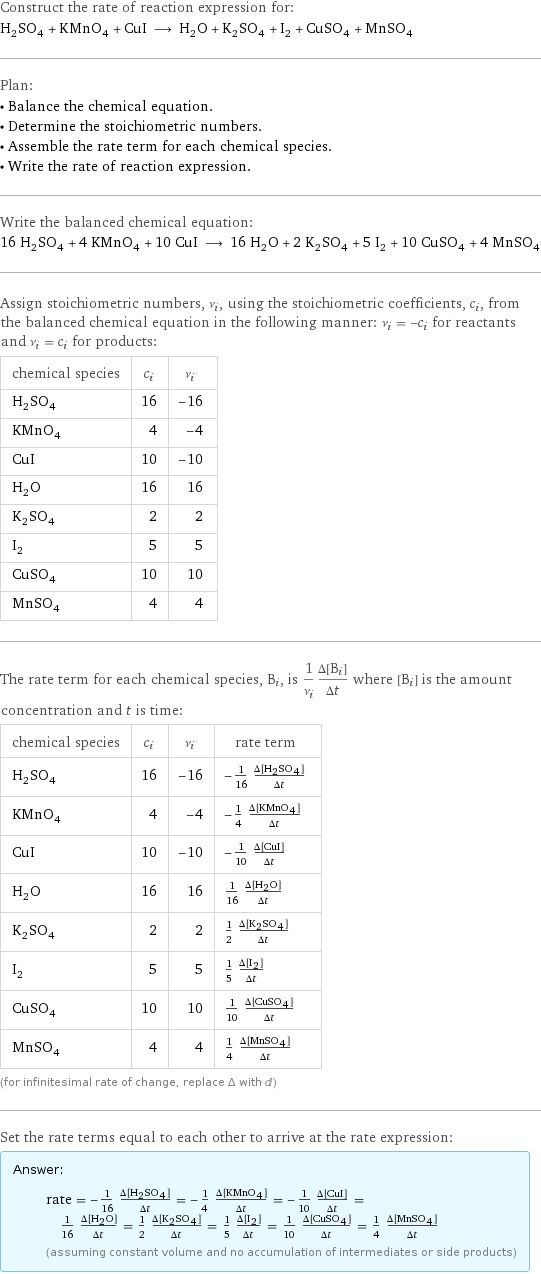 Construct the rate of reaction expression for: H_2SO_4 + KMnO_4 + CuI ⟶ H_2O + K_2SO_4 + I_2 + CuSO_4 + MnSO_4 Plan: • Balance the chemical equation. • Determine the stoichiometric numbers. • Assemble the rate term for each chemical species. • Write the rate of reaction expression. Write the balanced chemical equation: 16 H_2SO_4 + 4 KMnO_4 + 10 CuI ⟶ 16 H_2O + 2 K_2SO_4 + 5 I_2 + 10 CuSO_4 + 4 MnSO_4 Assign stoichiometric numbers, ν_i, using the stoichiometric coefficients, c_i, from the balanced chemical equation in the following manner: ν_i = -c_i for reactants and ν_i = c_i for products: chemical species | c_i | ν_i H_2SO_4 | 16 | -16 KMnO_4 | 4 | -4 CuI | 10 | -10 H_2O | 16 | 16 K_2SO_4 | 2 | 2 I_2 | 5 | 5 CuSO_4 | 10 | 10 MnSO_4 | 4 | 4 The rate term for each chemical species, B_i, is 1/ν_i(Δ[B_i])/(Δt) where [B_i] is the amount concentration and t is time: chemical species | c_i | ν_i | rate term H_2SO_4 | 16 | -16 | -1/16 (Δ[H2SO4])/(Δt) KMnO_4 | 4 | -4 | -1/4 (Δ[KMnO4])/(Δt) CuI | 10 | -10 | -1/10 (Δ[CuI])/(Δt) H_2O | 16 | 16 | 1/16 (Δ[H2O])/(Δt) K_2SO_4 | 2 | 2 | 1/2 (Δ[K2SO4])/(Δt) I_2 | 5 | 5 | 1/5 (Δ[I2])/(Δt) CuSO_4 | 10 | 10 | 1/10 (Δ[CuSO4])/(Δt) MnSO_4 | 4 | 4 | 1/4 (Δ[MnSO4])/(Δt) (for infinitesimal rate of change, replace Δ with d) Set the rate terms equal to each other to arrive at the rate expression: Answer: |   | rate = -1/16 (Δ[H2SO4])/(Δt) = -1/4 (Δ[KMnO4])/(Δt) = -1/10 (Δ[CuI])/(Δt) = 1/16 (Δ[H2O])/(Δt) = 1/2 (Δ[K2SO4])/(Δt) = 1/5 (Δ[I2])/(Δt) = 1/10 (Δ[CuSO4])/(Δt) = 1/4 (Δ[MnSO4])/(Δt) (assuming constant volume and no accumulation of intermediates or side products)