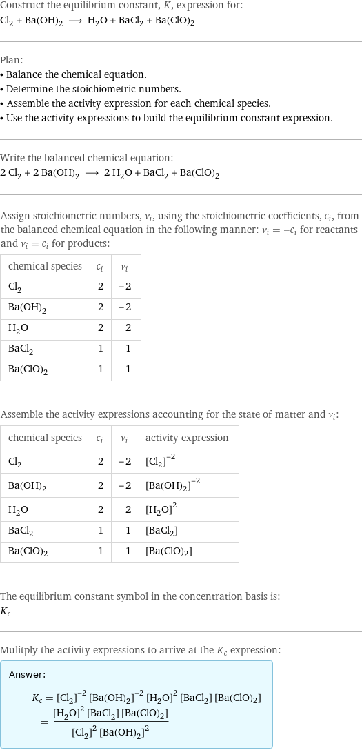 Construct the equilibrium constant, K, expression for: Cl_2 + Ba(OH)_2 ⟶ H_2O + BaCl_2 + Ba(ClO)2 Plan: • Balance the chemical equation. • Determine the stoichiometric numbers. • Assemble the activity expression for each chemical species. • Use the activity expressions to build the equilibrium constant expression. Write the balanced chemical equation: 2 Cl_2 + 2 Ba(OH)_2 ⟶ 2 H_2O + BaCl_2 + Ba(ClO)2 Assign stoichiometric numbers, ν_i, using the stoichiometric coefficients, c_i, from the balanced chemical equation in the following manner: ν_i = -c_i for reactants and ν_i = c_i for products: chemical species | c_i | ν_i Cl_2 | 2 | -2 Ba(OH)_2 | 2 | -2 H_2O | 2 | 2 BaCl_2 | 1 | 1 Ba(ClO)2 | 1 | 1 Assemble the activity expressions accounting for the state of matter and ν_i: chemical species | c_i | ν_i | activity expression Cl_2 | 2 | -2 | ([Cl2])^(-2) Ba(OH)_2 | 2 | -2 | ([Ba(OH)2])^(-2) H_2O | 2 | 2 | ([H2O])^2 BaCl_2 | 1 | 1 | [BaCl2] Ba(ClO)2 | 1 | 1 | [Ba(ClO)2] The equilibrium constant symbol in the concentration basis is: K_c Mulitply the activity expressions to arrive at the K_c expression: Answer: |   | K_c = ([Cl2])^(-2) ([Ba(OH)2])^(-2) ([H2O])^2 [BaCl2] [Ba(ClO)2] = (([H2O])^2 [BaCl2] [Ba(ClO)2])/(([Cl2])^2 ([Ba(OH)2])^2)