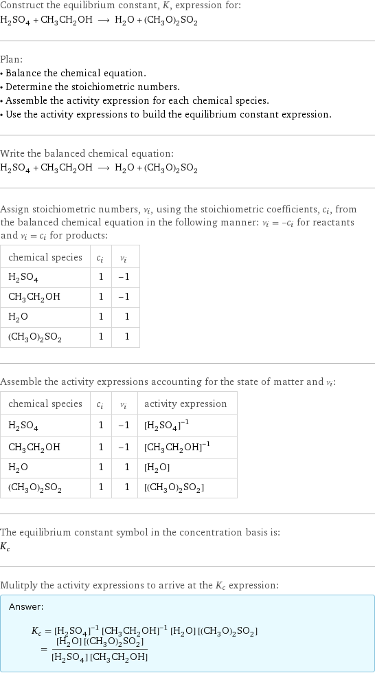 Construct the equilibrium constant, K, expression for: H_2SO_4 + CH_3CH_2OH ⟶ H_2O + (CH_3O)_2SO_2 Plan: • Balance the chemical equation. • Determine the stoichiometric numbers. • Assemble the activity expression for each chemical species. • Use the activity expressions to build the equilibrium constant expression. Write the balanced chemical equation: H_2SO_4 + CH_3CH_2OH ⟶ H_2O + (CH_3O)_2SO_2 Assign stoichiometric numbers, ν_i, using the stoichiometric coefficients, c_i, from the balanced chemical equation in the following manner: ν_i = -c_i for reactants and ν_i = c_i for products: chemical species | c_i | ν_i H_2SO_4 | 1 | -1 CH_3CH_2OH | 1 | -1 H_2O | 1 | 1 (CH_3O)_2SO_2 | 1 | 1 Assemble the activity expressions accounting for the state of matter and ν_i: chemical species | c_i | ν_i | activity expression H_2SO_4 | 1 | -1 | ([H2SO4])^(-1) CH_3CH_2OH | 1 | -1 | ([CH3CH2OH])^(-1) H_2O | 1 | 1 | [H2O] (CH_3O)_2SO_2 | 1 | 1 | [(CH3O)2SO2] The equilibrium constant symbol in the concentration basis is: K_c Mulitply the activity expressions to arrive at the K_c expression: Answer: |   | K_c = ([H2SO4])^(-1) ([CH3CH2OH])^(-1) [H2O] [(CH3O)2SO2] = ([H2O] [(CH3O)2SO2])/([H2SO4] [CH3CH2OH])