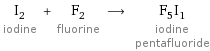 I_2 iodine + F_2 fluorine ⟶ F_5I_1 iodine pentafluoride