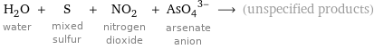 H_2O water + S mixed sulfur + NO_2 nitrogen dioxide + (AsO_4)^(3-) arsenate anion ⟶ (unspecified products)