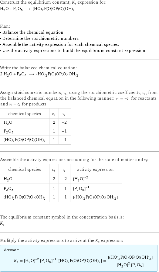 Construct the equilibrium constant, K, expression for: H_2O + P2O5 ⟶ (HO)_2P(O)OP(O)(OH)_2 Plan: • Balance the chemical equation. • Determine the stoichiometric numbers. • Assemble the activity expression for each chemical species. • Use the activity expressions to build the equilibrium constant expression. Write the balanced chemical equation: 2 H_2O + P2O5 ⟶ (HO)_2P(O)OP(O)(OH)_2 Assign stoichiometric numbers, ν_i, using the stoichiometric coefficients, c_i, from the balanced chemical equation in the following manner: ν_i = -c_i for reactants and ν_i = c_i for products: chemical species | c_i | ν_i H_2O | 2 | -2 P2O5 | 1 | -1 (HO)_2P(O)OP(O)(OH)_2 | 1 | 1 Assemble the activity expressions accounting for the state of matter and ν_i: chemical species | c_i | ν_i | activity expression H_2O | 2 | -2 | ([H2O])^(-2) P2O5 | 1 | -1 | ([P2O5])^(-1) (HO)_2P(O)OP(O)(OH)_2 | 1 | 1 | [(HO)2P(O)OP(O)(OH)2] The equilibrium constant symbol in the concentration basis is: K_c Mulitply the activity expressions to arrive at the K_c expression: Answer: |   | K_c = ([H2O])^(-2) ([P2O5])^(-1) [(HO)2P(O)OP(O)(OH)2] = ([(HO)2P(O)OP(O)(OH)2])/(([H2O])^2 [P2O5])