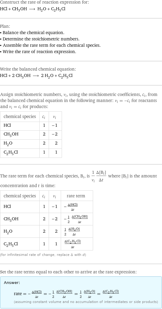 Construct the rate of reaction expression for: HCl + CH_3OH ⟶ H_2O + C_2H_5Cl Plan: • Balance the chemical equation. • Determine the stoichiometric numbers. • Assemble the rate term for each chemical species. • Write the rate of reaction expression. Write the balanced chemical equation: HCl + 2 CH_3OH ⟶ 2 H_2O + C_2H_5Cl Assign stoichiometric numbers, ν_i, using the stoichiometric coefficients, c_i, from the balanced chemical equation in the following manner: ν_i = -c_i for reactants and ν_i = c_i for products: chemical species | c_i | ν_i HCl | 1 | -1 CH_3OH | 2 | -2 H_2O | 2 | 2 C_2H_5Cl | 1 | 1 The rate term for each chemical species, B_i, is 1/ν_i(Δ[B_i])/(Δt) where [B_i] is the amount concentration and t is time: chemical species | c_i | ν_i | rate term HCl | 1 | -1 | -(Δ[HCl])/(Δt) CH_3OH | 2 | -2 | -1/2 (Δ[CH3OH])/(Δt) H_2O | 2 | 2 | 1/2 (Δ[H2O])/(Δt) C_2H_5Cl | 1 | 1 | (Δ[C2H5Cl])/(Δt) (for infinitesimal rate of change, replace Δ with d) Set the rate terms equal to each other to arrive at the rate expression: Answer: |   | rate = -(Δ[HCl])/(Δt) = -1/2 (Δ[CH3OH])/(Δt) = 1/2 (Δ[H2O])/(Δt) = (Δ[C2H5Cl])/(Δt) (assuming constant volume and no accumulation of intermediates or side products)