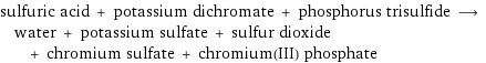 sulfuric acid + potassium dichromate + phosphorus trisulfide ⟶ water + potassium sulfate + sulfur dioxide + chromium sulfate + chromium(III) phosphate