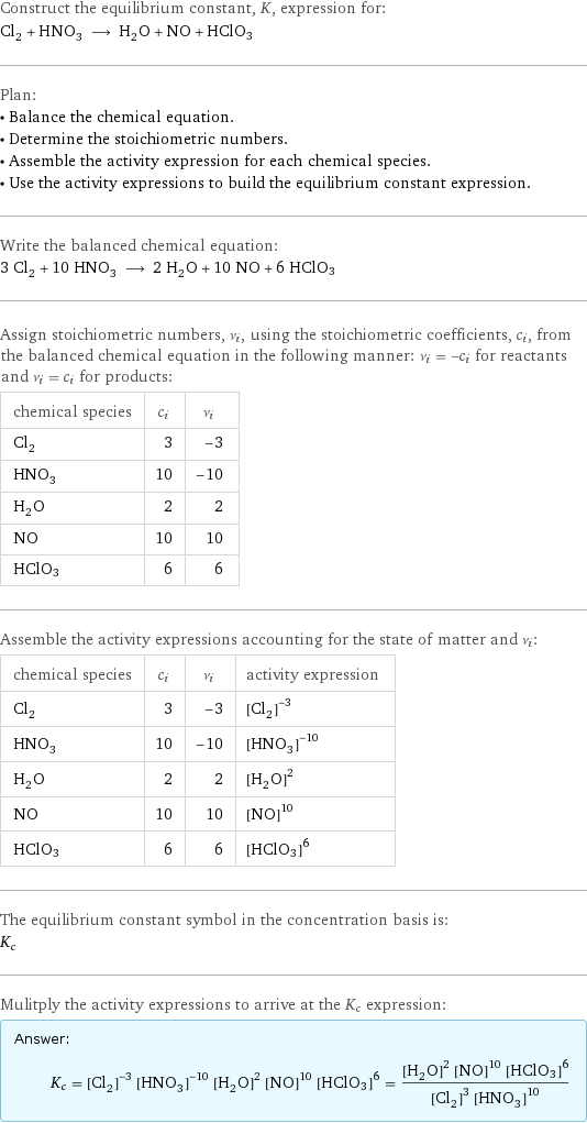 Construct the equilibrium constant, K, expression for: Cl_2 + HNO_3 ⟶ H_2O + NO + HClO3 Plan: • Balance the chemical equation. • Determine the stoichiometric numbers. • Assemble the activity expression for each chemical species. • Use the activity expressions to build the equilibrium constant expression. Write the balanced chemical equation: 3 Cl_2 + 10 HNO_3 ⟶ 2 H_2O + 10 NO + 6 HClO3 Assign stoichiometric numbers, ν_i, using the stoichiometric coefficients, c_i, from the balanced chemical equation in the following manner: ν_i = -c_i for reactants and ν_i = c_i for products: chemical species | c_i | ν_i Cl_2 | 3 | -3 HNO_3 | 10 | -10 H_2O | 2 | 2 NO | 10 | 10 HClO3 | 6 | 6 Assemble the activity expressions accounting for the state of matter and ν_i: chemical species | c_i | ν_i | activity expression Cl_2 | 3 | -3 | ([Cl2])^(-3) HNO_3 | 10 | -10 | ([HNO3])^(-10) H_2O | 2 | 2 | ([H2O])^2 NO | 10 | 10 | ([NO])^10 HClO3 | 6 | 6 | ([HClO3])^6 The equilibrium constant symbol in the concentration basis is: K_c Mulitply the activity expressions to arrive at the K_c expression: Answer: |   | K_c = ([Cl2])^(-3) ([HNO3])^(-10) ([H2O])^2 ([NO])^10 ([HClO3])^6 = (([H2O])^2 ([NO])^10 ([HClO3])^6)/(([Cl2])^3 ([HNO3])^10)