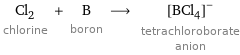 Cl_2 chlorine + B boron ⟶ ([BCl_4])^- tetrachloroborate anion