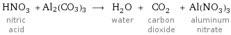 HNO_3 nitric acid + Al2(CO3)3 ⟶ H_2O water + CO_2 carbon dioxide + Al(NO_3)_3 aluminum nitrate