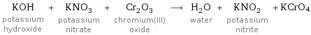 KOH potassium hydroxide + KNO_3 potassium nitrate + Cr_2O_3 chromium(III) oxide ⟶ H_2O water + KNO_2 potassium nitrite + KCrO4