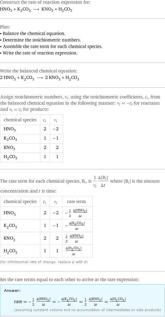 Construct the rate of reaction expression for: HNO_3 + K_2CO_3 ⟶ KNO_3 + H_2CO_3 Plan: • Balance the chemical equation. • Determine the stoichiometric numbers. • Assemble the rate term for each chemical species. • Write the rate of reaction expression. Write the balanced chemical equation: 2 HNO_3 + K_2CO_3 ⟶ 2 KNO_3 + H_2CO_3 Assign stoichiometric numbers, ν_i, using the stoichiometric coefficients, c_i, from the balanced chemical equation in the following manner: ν_i = -c_i for reactants and ν_i = c_i for products: chemical species | c_i | ν_i HNO_3 | 2 | -2 K_2CO_3 | 1 | -1 KNO_3 | 2 | 2 H_2CO_3 | 1 | 1 The rate term for each chemical species, B_i, is 1/ν_i(Δ[B_i])/(Δt) where [B_i] is the amount concentration and t is time: chemical species | c_i | ν_i | rate term HNO_3 | 2 | -2 | -1/2 (Δ[HNO3])/(Δt) K_2CO_3 | 1 | -1 | -(Δ[K2CO3])/(Δt) KNO_3 | 2 | 2 | 1/2 (Δ[KNO3])/(Δt) H_2CO_3 | 1 | 1 | (Δ[H2CO3])/(Δt) (for infinitesimal rate of change, replace Δ with d) Set the rate terms equal to each other to arrive at the rate expression: Answer: |   | rate = -1/2 (Δ[HNO3])/(Δt) = -(Δ[K2CO3])/(Δt) = 1/2 (Δ[KNO3])/(Δt) = (Δ[H2CO3])/(Δt) (assuming constant volume and no accumulation of intermediates or side products)