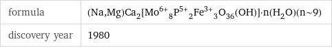 formula | (Na, Mg)Ca_2[Mo^(6+)_8P^(5+)_2Fe^(3+)_3O_36(OH)]·n(H_2O)(n~9) discovery year | 1980