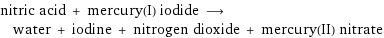 nitric acid + mercury(I) iodide ⟶ water + iodine + nitrogen dioxide + mercury(II) nitrate