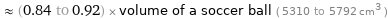  ≈ (0.84 to 0.92) × volume of a soccer ball ( 5310 to 5792 cm^3 )