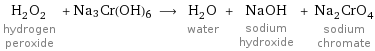 H_2O_2 hydrogen peroxide + Na3Cr(OH)6 ⟶ H_2O water + NaOH sodium hydroxide + Na_2CrO_4 sodium chromate