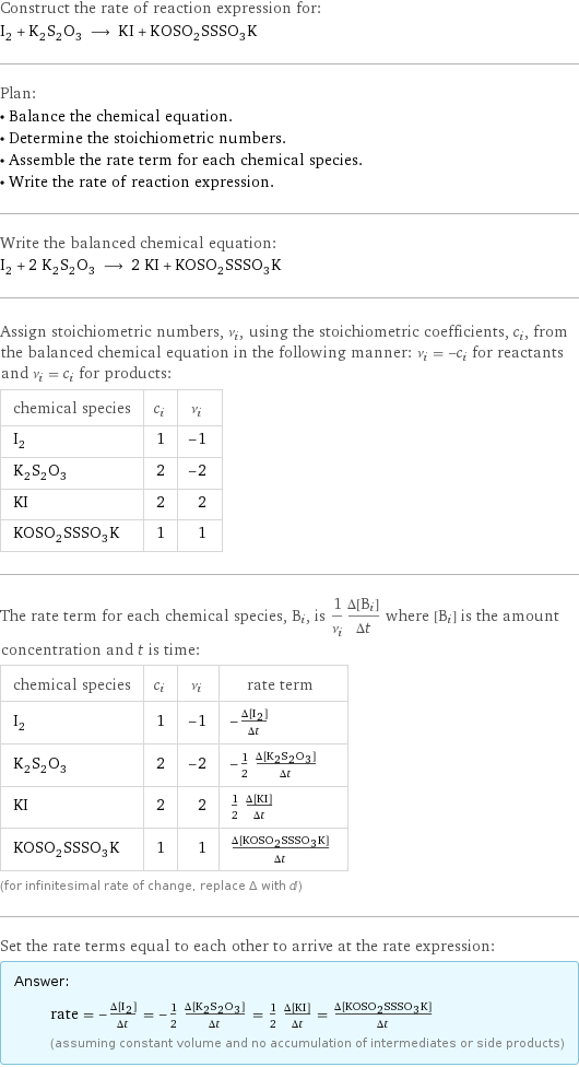 Construct the rate of reaction expression for: I_2 + K_2S_2O_3 ⟶ KI + KOSO_2SSSO_3K Plan: • Balance the chemical equation. • Determine the stoichiometric numbers. • Assemble the rate term for each chemical species. • Write the rate of reaction expression. Write the balanced chemical equation: I_2 + 2 K_2S_2O_3 ⟶ 2 KI + KOSO_2SSSO_3K Assign stoichiometric numbers, ν_i, using the stoichiometric coefficients, c_i, from the balanced chemical equation in the following manner: ν_i = -c_i for reactants and ν_i = c_i for products: chemical species | c_i | ν_i I_2 | 1 | -1 K_2S_2O_3 | 2 | -2 KI | 2 | 2 KOSO_2SSSO_3K | 1 | 1 The rate term for each chemical species, B_i, is 1/ν_i(Δ[B_i])/(Δt) where [B_i] is the amount concentration and t is time: chemical species | c_i | ν_i | rate term I_2 | 1 | -1 | -(Δ[I2])/(Δt) K_2S_2O_3 | 2 | -2 | -1/2 (Δ[K2S2O3])/(Δt) KI | 2 | 2 | 1/2 (Δ[KI])/(Δt) KOSO_2SSSO_3K | 1 | 1 | (Δ[KOSO2SSSO3K])/(Δt) (for infinitesimal rate of change, replace Δ with d) Set the rate terms equal to each other to arrive at the rate expression: Answer: |   | rate = -(Δ[I2])/(Δt) = -1/2 (Δ[K2S2O3])/(Δt) = 1/2 (Δ[KI])/(Δt) = (Δ[KOSO2SSSO3K])/(Δt) (assuming constant volume and no accumulation of intermediates or side products)