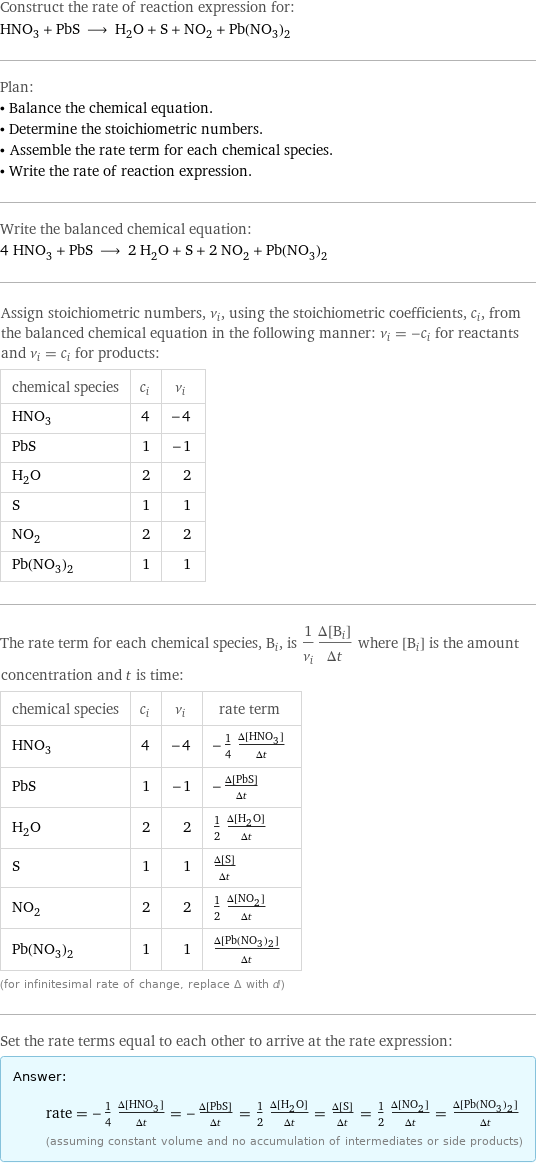 Construct the rate of reaction expression for: HNO_3 + PbS ⟶ H_2O + S + NO_2 + Pb(NO_3)_2 Plan: • Balance the chemical equation. • Determine the stoichiometric numbers. • Assemble the rate term for each chemical species. • Write the rate of reaction expression. Write the balanced chemical equation: 4 HNO_3 + PbS ⟶ 2 H_2O + S + 2 NO_2 + Pb(NO_3)_2 Assign stoichiometric numbers, ν_i, using the stoichiometric coefficients, c_i, from the balanced chemical equation in the following manner: ν_i = -c_i for reactants and ν_i = c_i for products: chemical species | c_i | ν_i HNO_3 | 4 | -4 PbS | 1 | -1 H_2O | 2 | 2 S | 1 | 1 NO_2 | 2 | 2 Pb(NO_3)_2 | 1 | 1 The rate term for each chemical species, B_i, is 1/ν_i(Δ[B_i])/(Δt) where [B_i] is the amount concentration and t is time: chemical species | c_i | ν_i | rate term HNO_3 | 4 | -4 | -1/4 (Δ[HNO3])/(Δt) PbS | 1 | -1 | -(Δ[PbS])/(Δt) H_2O | 2 | 2 | 1/2 (Δ[H2O])/(Δt) S | 1 | 1 | (Δ[S])/(Δt) NO_2 | 2 | 2 | 1/2 (Δ[NO2])/(Δt) Pb(NO_3)_2 | 1 | 1 | (Δ[Pb(NO3)2])/(Δt) (for infinitesimal rate of change, replace Δ with d) Set the rate terms equal to each other to arrive at the rate expression: Answer: |   | rate = -1/4 (Δ[HNO3])/(Δt) = -(Δ[PbS])/(Δt) = 1/2 (Δ[H2O])/(Δt) = (Δ[S])/(Δt) = 1/2 (Δ[NO2])/(Δt) = (Δ[Pb(NO3)2])/(Δt) (assuming constant volume and no accumulation of intermediates or side products)