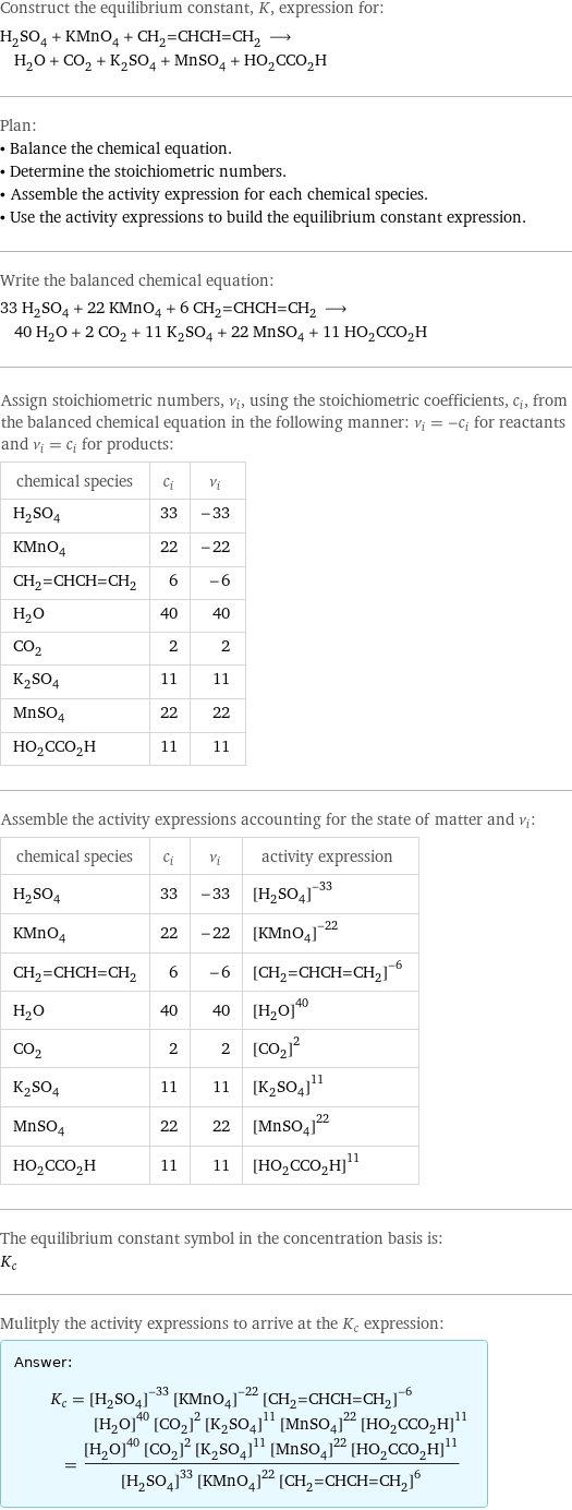 Construct the equilibrium constant, K, expression for: H_2SO_4 + KMnO_4 + CH_2=CHCH=CH_2 ⟶ H_2O + CO_2 + K_2SO_4 + MnSO_4 + HO_2CCO_2H Plan: • Balance the chemical equation. • Determine the stoichiometric numbers. • Assemble the activity expression for each chemical species. • Use the activity expressions to build the equilibrium constant expression. Write the balanced chemical equation: 33 H_2SO_4 + 22 KMnO_4 + 6 CH_2=CHCH=CH_2 ⟶ 40 H_2O + 2 CO_2 + 11 K_2SO_4 + 22 MnSO_4 + 11 HO_2CCO_2H Assign stoichiometric numbers, ν_i, using the stoichiometric coefficients, c_i, from the balanced chemical equation in the following manner: ν_i = -c_i for reactants and ν_i = c_i for products: chemical species | c_i | ν_i H_2SO_4 | 33 | -33 KMnO_4 | 22 | -22 CH_2=CHCH=CH_2 | 6 | -6 H_2O | 40 | 40 CO_2 | 2 | 2 K_2SO_4 | 11 | 11 MnSO_4 | 22 | 22 HO_2CCO_2H | 11 | 11 Assemble the activity expressions accounting for the state of matter and ν_i: chemical species | c_i | ν_i | activity expression H_2SO_4 | 33 | -33 | ([H2SO4])^(-33) KMnO_4 | 22 | -22 | ([KMnO4])^(-22) CH_2=CHCH=CH_2 | 6 | -6 | ([CH2=CHCH=CH2])^(-6) H_2O | 40 | 40 | ([H2O])^40 CO_2 | 2 | 2 | ([CO2])^2 K_2SO_4 | 11 | 11 | ([K2SO4])^11 MnSO_4 | 22 | 22 | ([MnSO4])^22 HO_2CCO_2H | 11 | 11 | ([HO2CCO2H])^11 The equilibrium constant symbol in the concentration basis is: K_c Mulitply the activity expressions to arrive at the K_c expression: Answer: |   | K_c = ([H2SO4])^(-33) ([KMnO4])^(-22) ([CH2=CHCH=CH2])^(-6) ([H2O])^40 ([CO2])^2 ([K2SO4])^11 ([MnSO4])^22 ([HO2CCO2H])^11 = (([H2O])^40 ([CO2])^2 ([K2SO4])^11 ([MnSO4])^22 ([HO2CCO2H])^11)/(([H2SO4])^33 ([KMnO4])^22 ([CH2=CHCH=CH2])^6)