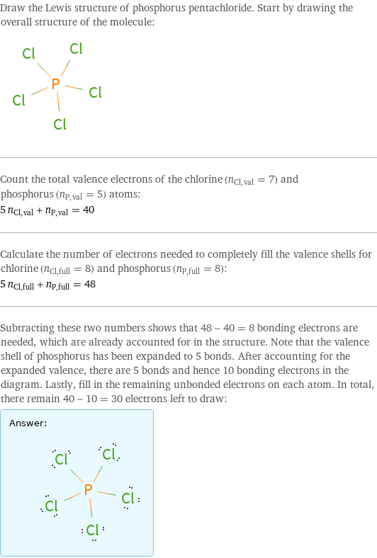 Draw the Lewis structure of phosphorus pentachloride. Start by drawing the overall structure of the molecule:  Count the total valence electrons of the chlorine (n_Cl, val = 7) and phosphorus (n_P, val = 5) atoms: 5 n_Cl, val + n_P, val = 40 Calculate the number of electrons needed to completely fill the valence shells for chlorine (n_Cl, full = 8) and phosphorus (n_P, full = 8): 5 n_Cl, full + n_P, full = 48 Subtracting these two numbers shows that 48 - 40 = 8 bonding electrons are needed, which are already accounted for in the structure. Note that the valence shell of phosphorus has been expanded to 5 bonds. After accounting for the expanded valence, there are 5 bonds and hence 10 bonding electrons in the diagram. Lastly, fill in the remaining unbonded electrons on each atom. In total, there remain 40 - 10 = 30 electrons left to draw: Answer: |   | 