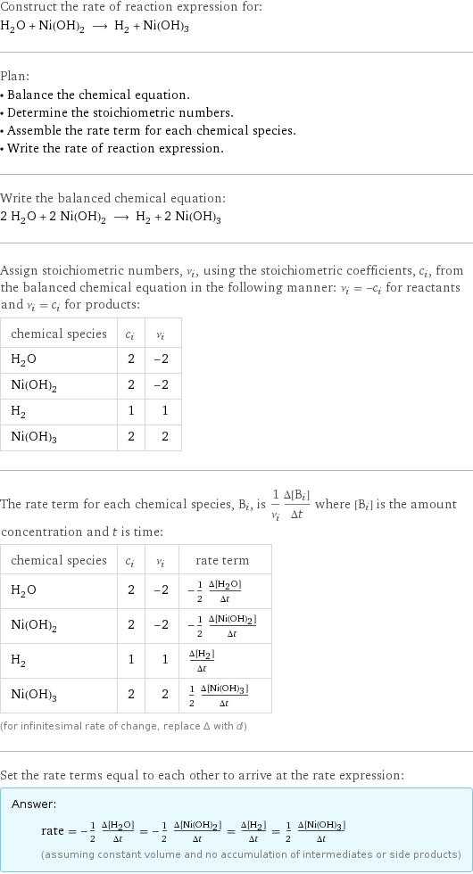 Construct the rate of reaction expression for: H_2O + Ni(OH)_2 ⟶ H_2 + Ni(OH)3 Plan: • Balance the chemical equation. • Determine the stoichiometric numbers. • Assemble the rate term for each chemical species. • Write the rate of reaction expression. Write the balanced chemical equation: 2 H_2O + 2 Ni(OH)_2 ⟶ H_2 + 2 Ni(OH)3 Assign stoichiometric numbers, ν_i, using the stoichiometric coefficients, c_i, from the balanced chemical equation in the following manner: ν_i = -c_i for reactants and ν_i = c_i for products: chemical species | c_i | ν_i H_2O | 2 | -2 Ni(OH)_2 | 2 | -2 H_2 | 1 | 1 Ni(OH)3 | 2 | 2 The rate term for each chemical species, B_i, is 1/ν_i(Δ[B_i])/(Δt) where [B_i] is the amount concentration and t is time: chemical species | c_i | ν_i | rate term H_2O | 2 | -2 | -1/2 (Δ[H2O])/(Δt) Ni(OH)_2 | 2 | -2 | -1/2 (Δ[Ni(OH)2])/(Δt) H_2 | 1 | 1 | (Δ[H2])/(Δt) Ni(OH)3 | 2 | 2 | 1/2 (Δ[Ni(OH)3])/(Δt) (for infinitesimal rate of change, replace Δ with d) Set the rate terms equal to each other to arrive at the rate expression: Answer: |   | rate = -1/2 (Δ[H2O])/(Δt) = -1/2 (Δ[Ni(OH)2])/(Δt) = (Δ[H2])/(Δt) = 1/2 (Δ[Ni(OH)3])/(Δt) (assuming constant volume and no accumulation of intermediates or side products)