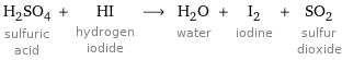 H_2SO_4 sulfuric acid + HI hydrogen iodide ⟶ H_2O water + I_2 iodine + SO_2 sulfur dioxide