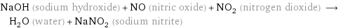 NaOH (sodium hydroxide) + NO (nitric oxide) + NO_2 (nitrogen dioxide) ⟶ H_2O (water) + NaNO_2 (sodium nitrite)