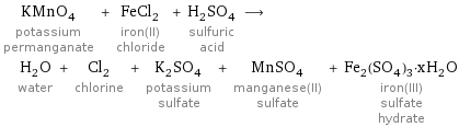 KMnO_4 potassium permanganate + FeCl_2 iron(II) chloride + H_2SO_4 sulfuric acid ⟶ H_2O water + Cl_2 chlorine + K_2SO_4 potassium sulfate + MnSO_4 manganese(II) sulfate + Fe_2(SO_4)_3·xH_2O iron(III) sulfate hydrate