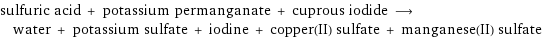 sulfuric acid + potassium permanganate + cuprous iodide ⟶ water + potassium sulfate + iodine + copper(II) sulfate + manganese(II) sulfate