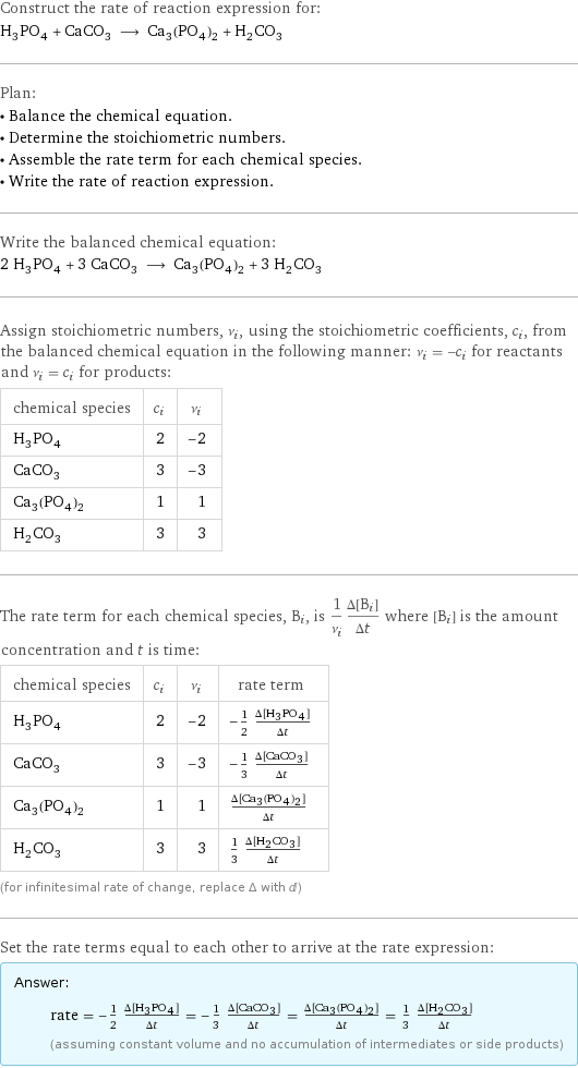 Construct the rate of reaction expression for: H_3PO_4 + CaCO_3 ⟶ Ca_3(PO_4)_2 + H_2CO_3 Plan: • Balance the chemical equation. • Determine the stoichiometric numbers. • Assemble the rate term for each chemical species. • Write the rate of reaction expression. Write the balanced chemical equation: 2 H_3PO_4 + 3 CaCO_3 ⟶ Ca_3(PO_4)_2 + 3 H_2CO_3 Assign stoichiometric numbers, ν_i, using the stoichiometric coefficients, c_i, from the balanced chemical equation in the following manner: ν_i = -c_i for reactants and ν_i = c_i for products: chemical species | c_i | ν_i H_3PO_4 | 2 | -2 CaCO_3 | 3 | -3 Ca_3(PO_4)_2 | 1 | 1 H_2CO_3 | 3 | 3 The rate term for each chemical species, B_i, is 1/ν_i(Δ[B_i])/(Δt) where [B_i] is the amount concentration and t is time: chemical species | c_i | ν_i | rate term H_3PO_4 | 2 | -2 | -1/2 (Δ[H3PO4])/(Δt) CaCO_3 | 3 | -3 | -1/3 (Δ[CaCO3])/(Δt) Ca_3(PO_4)_2 | 1 | 1 | (Δ[Ca3(PO4)2])/(Δt) H_2CO_3 | 3 | 3 | 1/3 (Δ[H2CO3])/(Δt) (for infinitesimal rate of change, replace Δ with d) Set the rate terms equal to each other to arrive at the rate expression: Answer: |   | rate = -1/2 (Δ[H3PO4])/(Δt) = -1/3 (Δ[CaCO3])/(Δt) = (Δ[Ca3(PO4)2])/(Δt) = 1/3 (Δ[H2CO3])/(Δt) (assuming constant volume and no accumulation of intermediates or side products)