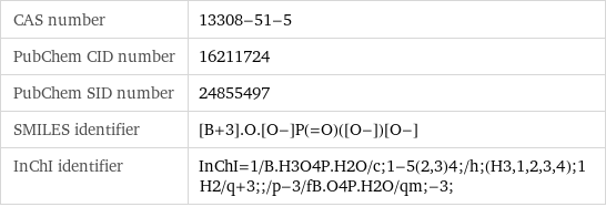 CAS number | 13308-51-5 PubChem CID number | 16211724 PubChem SID number | 24855497 SMILES identifier | [B+3].O.[O-]P(=O)([O-])[O-] InChI identifier | InChI=1/B.H3O4P.H2O/c;1-5(2, 3)4;/h;(H3, 1, 2, 3, 4);1H2/q+3;;/p-3/fB.O4P.H2O/qm;-3;