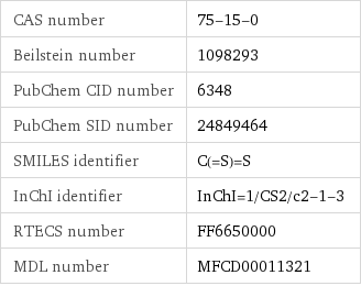 CAS number | 75-15-0 Beilstein number | 1098293 PubChem CID number | 6348 PubChem SID number | 24849464 SMILES identifier | C(=S)=S InChI identifier | InChI=1/CS2/c2-1-3 RTECS number | FF6650000 MDL number | MFCD00011321