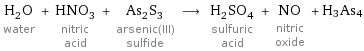 H_2O water + HNO_3 nitric acid + As_2S_3 arsenic(III) sulfide ⟶ H_2SO_4 sulfuric acid + NO nitric oxide + H3As4