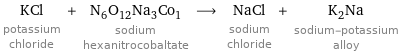 KCl potassium chloride + N_6O_12Na_3Co_1 sodium hexanitrocobaltate ⟶ NaCl sodium chloride + K_2Na sodium-potassium alloy