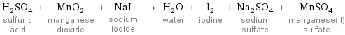 H_2SO_4 sulfuric acid + MnO_2 manganese dioxide + NaI sodium iodide ⟶ H_2O water + I_2 iodine + Na_2SO_4 sodium sulfate + MnSO_4 manganese(II) sulfate