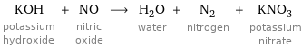 KOH potassium hydroxide + NO nitric oxide ⟶ H_2O water + N_2 nitrogen + KNO_3 potassium nitrate